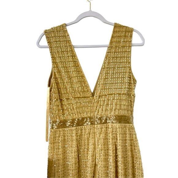 Mac Dugal Beaded V Neck Lined Column Empire Waist Gown Gold Women's Size 4 5625 - Picture 7 of 11